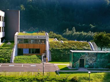 Exterior view of the Ennstal National Park Visitor Center at Kalkalpen National Park.