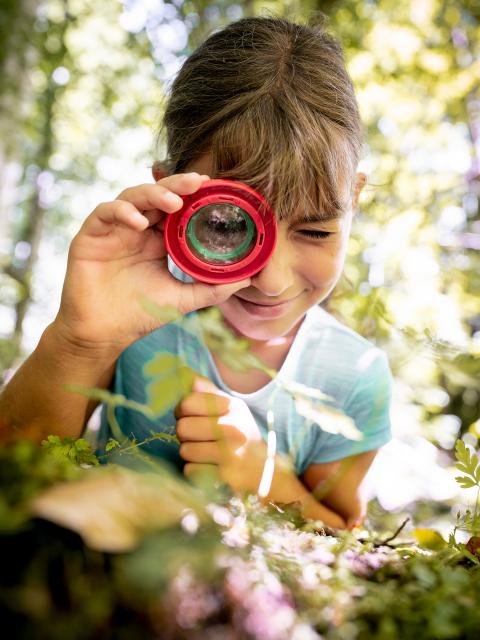 A girl observes the forest floor through a magnifying glass