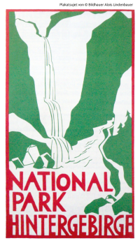 Historical poster by Alois Lindenbauer shows the Schleierfall waterfall in stylized form and bears the title Hintergebirge National Park