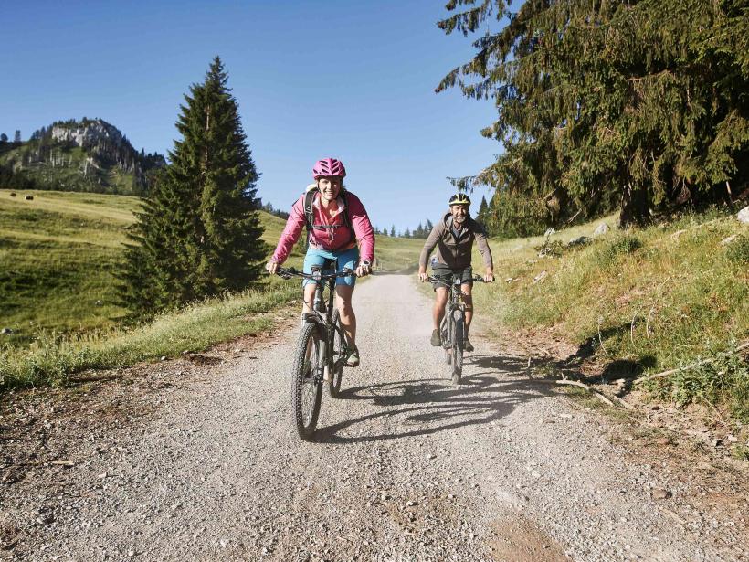 A woman and a man ride through a summery alpine landscape on mountain bikes