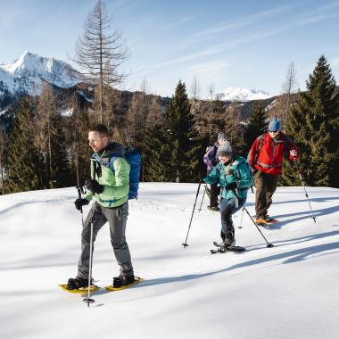 National Park Ranger accompanies three adults on a snowshoe hike