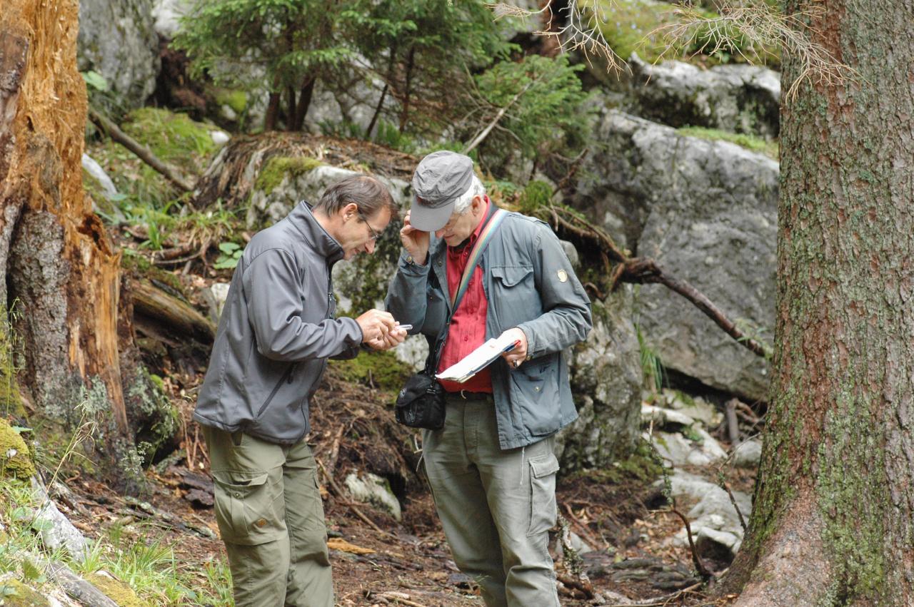 Two researchers stand in the forest and look at an insect sitting on a finger