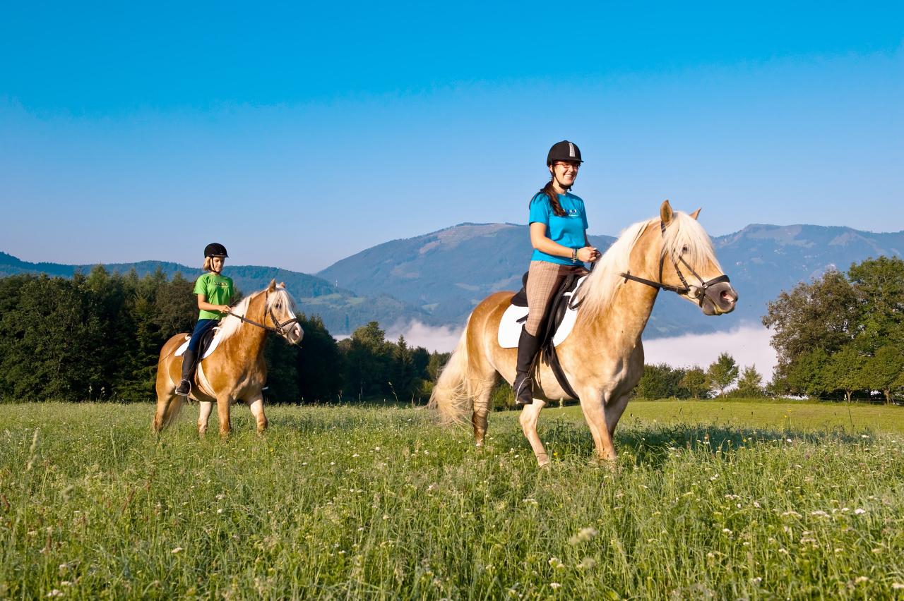 Two girls riding horses across a blooming summer meadow