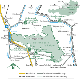 Map with the transport connections around the Kalkalpen National Park