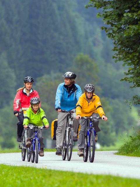 A family with two children rides on wheels through a green landscape