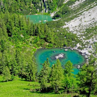 Two small emerald-green lakes lie between a steeply sloping scree field and mountain forest