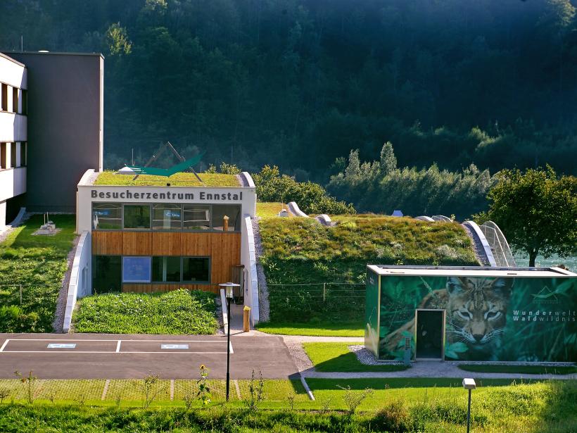 Exterior view of the Ennstal National Park Visitor Center at Kalkalpen National Park.