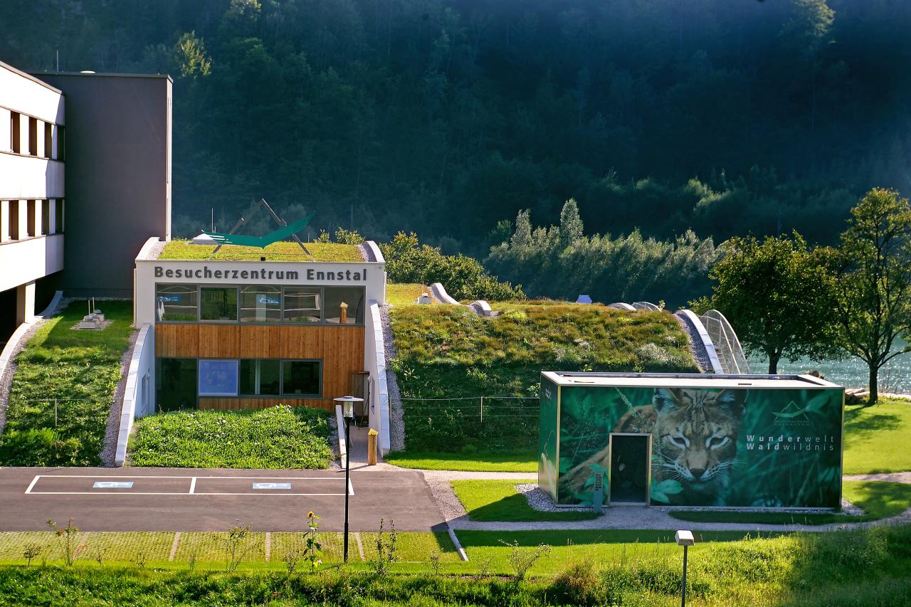 Exterior view of the Ennstal National Park Visitor Center at Kalkalpen National Park.