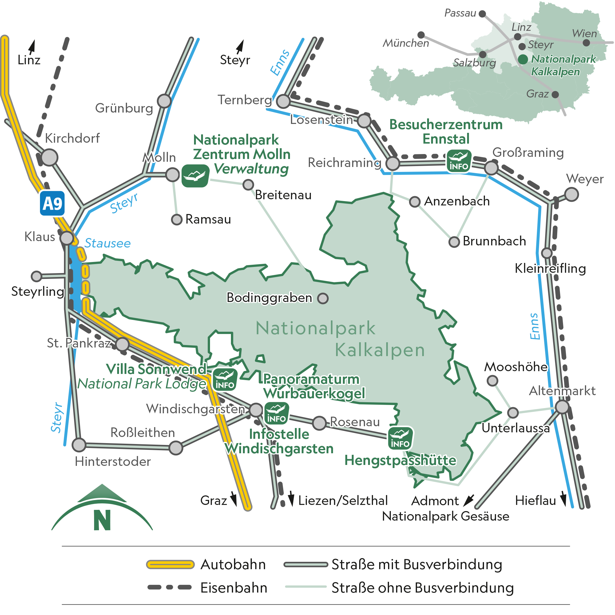 Map with the transport connections around the Kalkalpen National Park