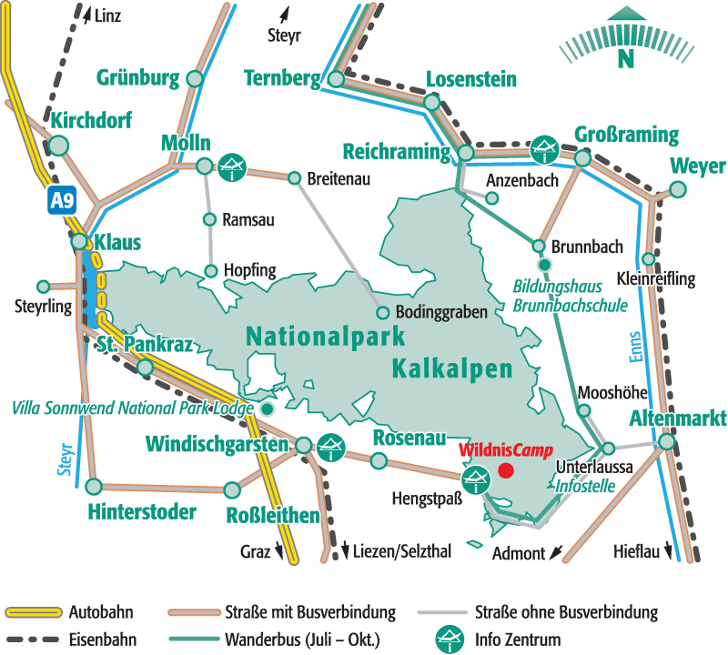 Overview map with railroad lines and roads around the Kalkalpen National Park